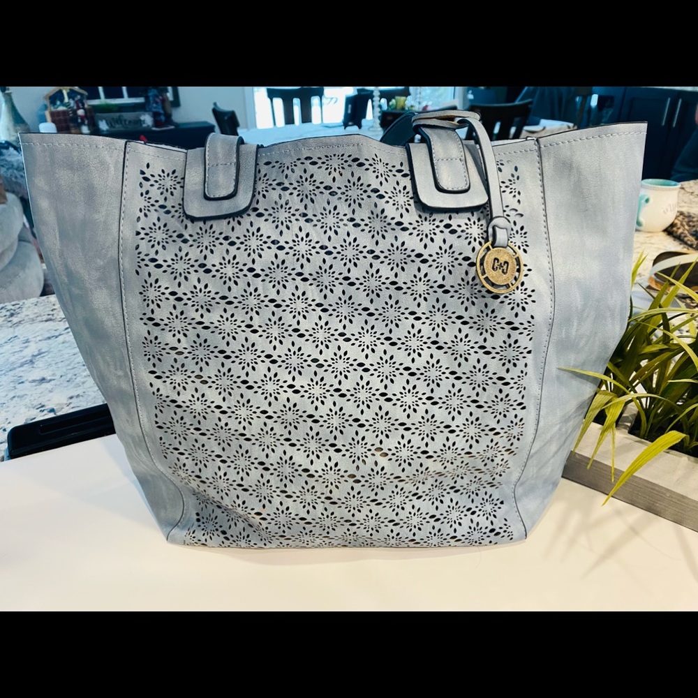 Large Aqua PU Leather Bag with Eyelet Detail